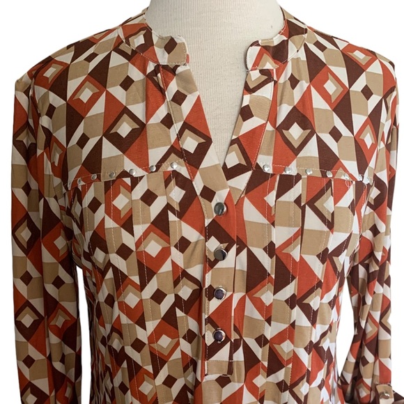 COCOMO Medium Brown Orange White 3/4 sleeve women's Pintuck Blouse top shirt - Picture 15 of 16